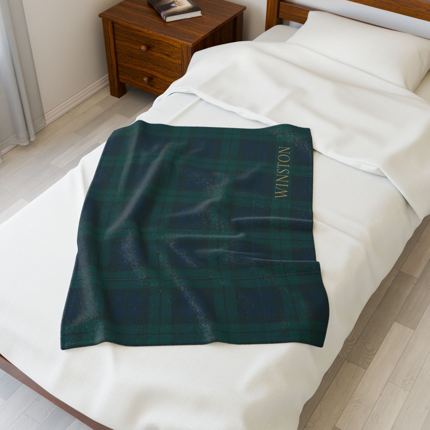 Custom Navy/Green Tartan Velveteen Plush Blanket