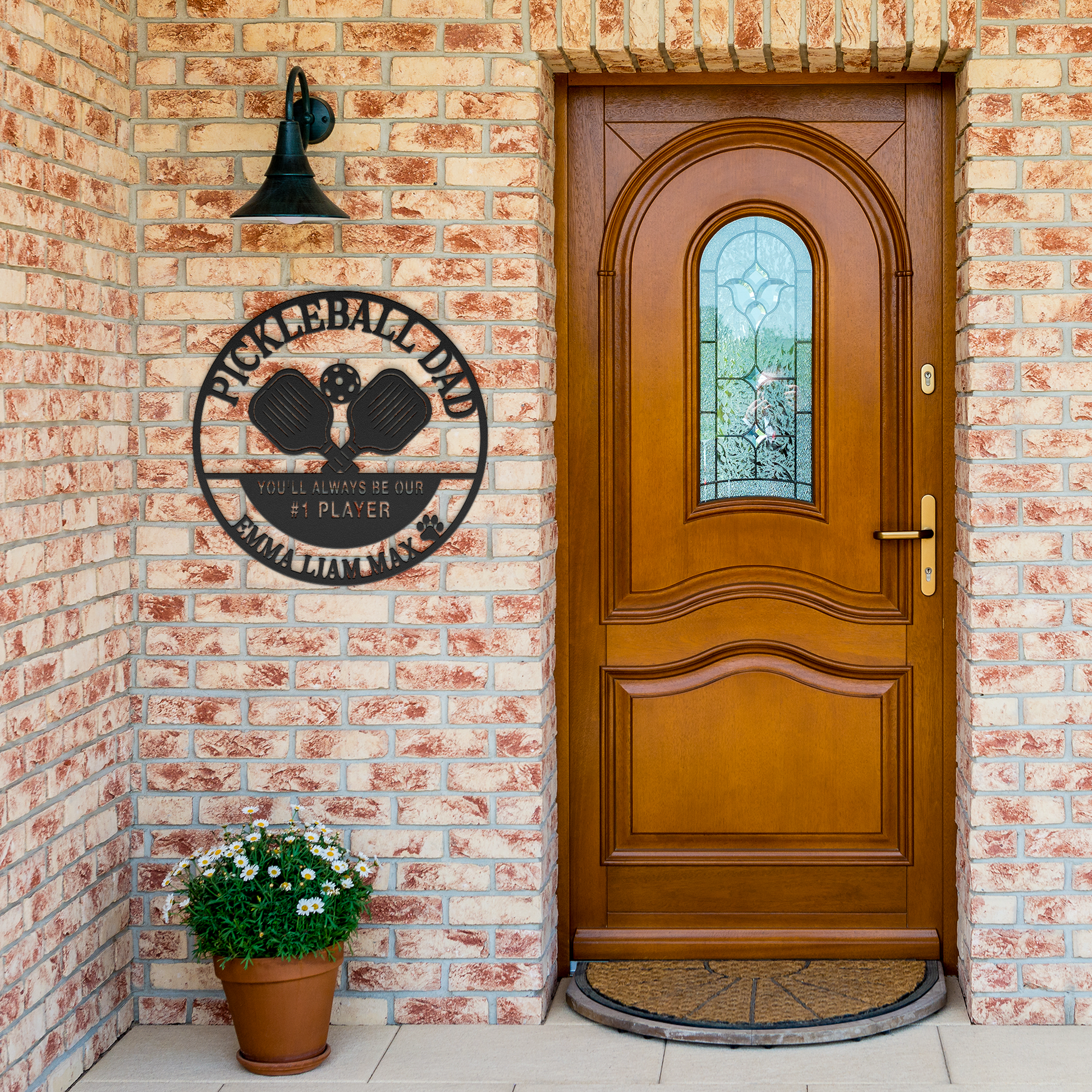 Pickleball_Dad_Custom_Metal_Sign_Black_Brick_Entrance_Mockup.png