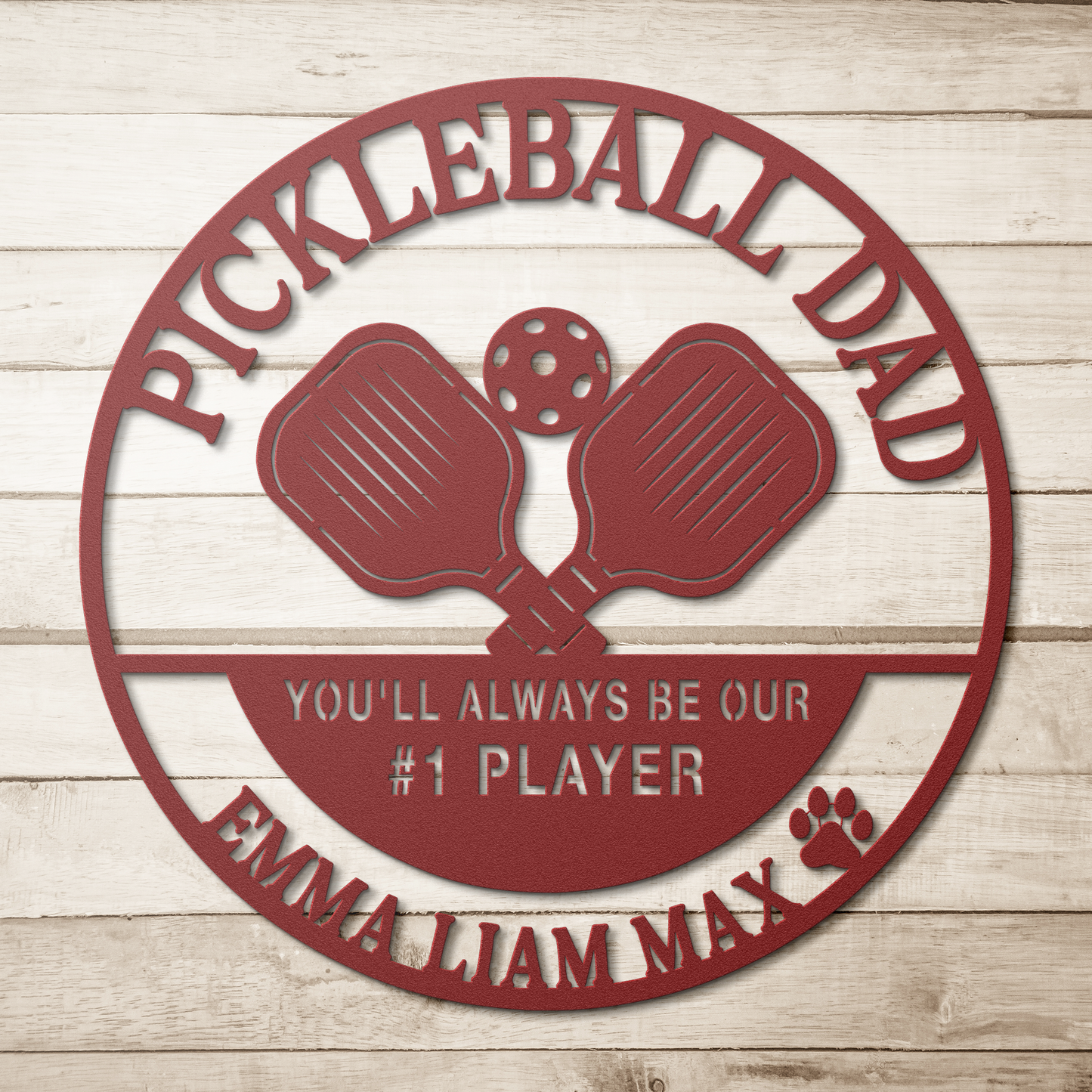 Pickleball_Dad_Custom_Metal_Sign_Red_Simple_Wood_BKGD_Mockup.png